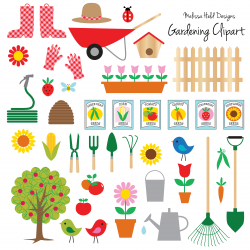 A collection of gardening motifs including tools, seed ...