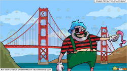 A Creepy Fat And Tall Clown and The Golden Gate Bridge Background