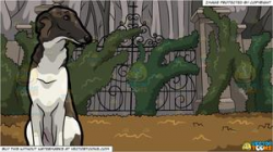 A Tall Borzoi Pet Dog and Overgrown Mansion Gate Background
