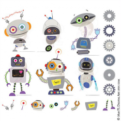 INSTANT DOWNLOAD cute digital GREY GRAY robot, gears and ...