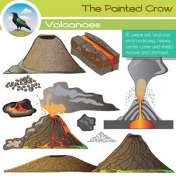 Volcano Clip Art Earth Science Set. 32 Illustrations (Color & Blackline)