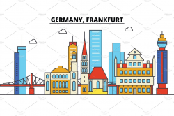 Germany, Frankfurt. City skyline: architecture, buildings, streets,  silhouette, landscape, panorama, landmarks. Editable strokes. Flat design  line ...
