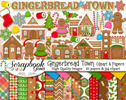 GINGERBREAD TOWN Clipart and Papers Kit, 34 png Clip Arts, 21 jpeg Papers  Instant Download candy cookies cupcake sweets christmas home tree