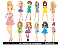 Cartoon girl clipart Kawaii girls clipart Fashion girls