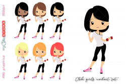 Workout chibi girl clipart, gym cute girls clip art set for planner  stickers, cards, tshirts, mugs or digital planning.