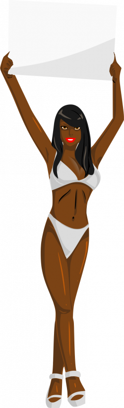 Clipart - Girl with sign (white bikini, black hair, dark skin)