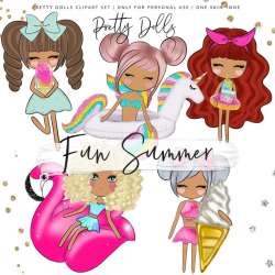 Summer Girl Clipart, Girls Clipart, Dolls Clipart, beach clipart, vacation  clipart, tropical clipart, float unicorn, sunglasses clipart