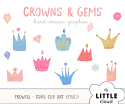Whimsical handdrawn crowns and gemstones clipart set, girly princess clip  art