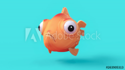 3d cartoon character of a spherical goldfish with big ...