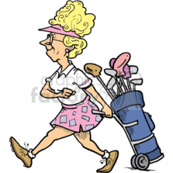 Cartoon women golfer pulling her golf clubs clipart. Royalty-free clipart #  169231