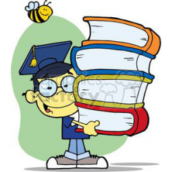 A Male Asian Graduate With Books In His Hands With A Bee Flying above  clipart. Royalty-free clipart # 379019