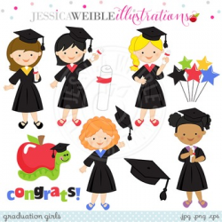 Graduation Girls Cute Digital Clipart, Girls Graduating Clip Art