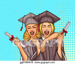 Clipart - Two pop art excited girls graduate student in a ...