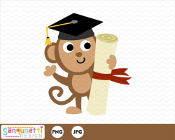 Monkey graduation clipart, grad digital art, end of school, instant download