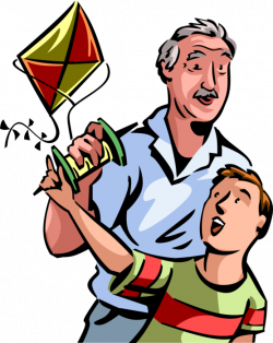 Grandfather Flies Kite with Grandson - Vector Image