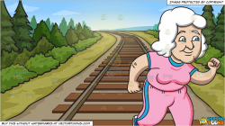 A Charming Grandma Sprints For A Workout and Country Railway Tracks  Background