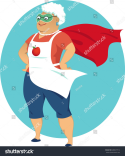 Super grandma, cartoon old lady in an apron and a superhero ...
