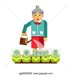 Vector Illustration - Grandmother watering flowers in the ...