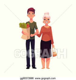 Vector Illustration - Young man helping grandmother with ...