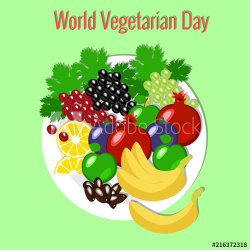 World Vegetarian Day. Fruit picnic - plate, flowers, apple ...