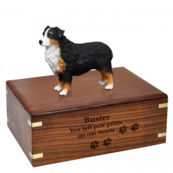 Australian Shepherd Tricolor Figurine Wood Urn for Pet Dog