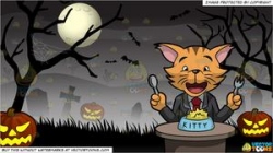 A Business Cat Delighted To Have Lunch and Spooky Graveyard Halloween  Background