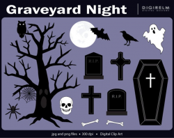 Halloween Graveyard Night Clipart - Digital Printable Clip Art