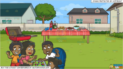 A Black Family Playing A Board Game and A Backyard Barbecue Background