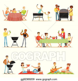 Vector Illustration - People on bbq picnic outdoors eating ...
