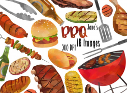 Watercolor BBQ Clipart - Barbeque Items Download - Instant Download - Grill  - Kebab - Ribs - Brisket - American Culture