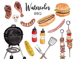 WATERCOLOR CLIPART, bbq clipart, food, grill summer kitchen, camping  watercolour clipart set, commercial use, png files, clip art, digital