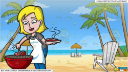 A Woman Grilling Steak and Loungers On The Beach Background