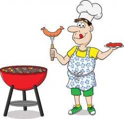 Man With Apron Grilling Steak and Sausages premium clipart ...