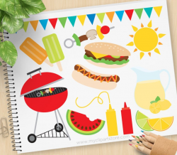 Summer BBQ Clipart, barbecue, picnic, lemonade, hamburgers, hot dogs,  ice-cream, watermelon - Commercial Use, Vector clip art, SVG Files