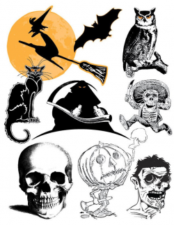Vintage Halloween Set of 9 Vector Clip Art Graphics SVG, PDF, Witch, Bat,  Owl, Black Cat, Reaper, Mariachi Skeleton, Skull, Pumpkin, Zombie