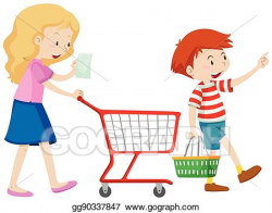 Vector Illustration - Boy and mother shopping for grocery ...