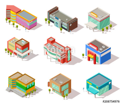 Isometric mall, store, shop and supermarket buildings ...