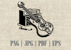 Electric Guitar and Amplifier Drawing, Retro Clipart, Vintage Illustration,  Ideal for Scrapbooking and Cardmaking
