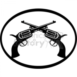 A Black and White Oval Frame with Two Old Western Guns Crossed clipart.  Royalty-free clipart # 371917