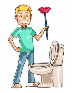 A Man Looking Down At A Toilet, Holding A Plunger | Clipart ...