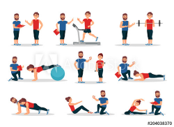 Flat vector set of people in gym with personal trainer. Men ...