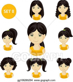 EPS Vector - Cute little girls with black hair and various ...