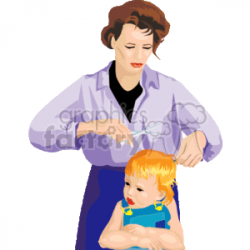 Hairdresser woman cutting a baby boy's hair clipart. Royalty-free clipart #  157970