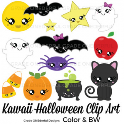 Kawaii Halloween Clipart includes BW CU Okay