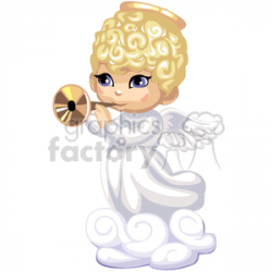 A Little Angel all in White with Wings and a Golden Halo Playing a Gold  Horn clipart. Royalty-free clipart # 376432