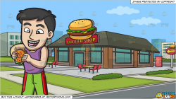 A Guy With Braces About To Eat A Hamburger and Outside A Burger Shop  Background