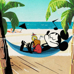 Mickey relaxing in a hammock on the beach while a musical ...