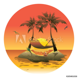 Cartoon island with a hammock at sunset. Illustration for a ...