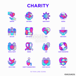 Charity thin line icons set: donation, save world, reunion ...