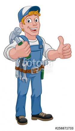 A handyman carpenter or builder cartoon man holding a hammer ...